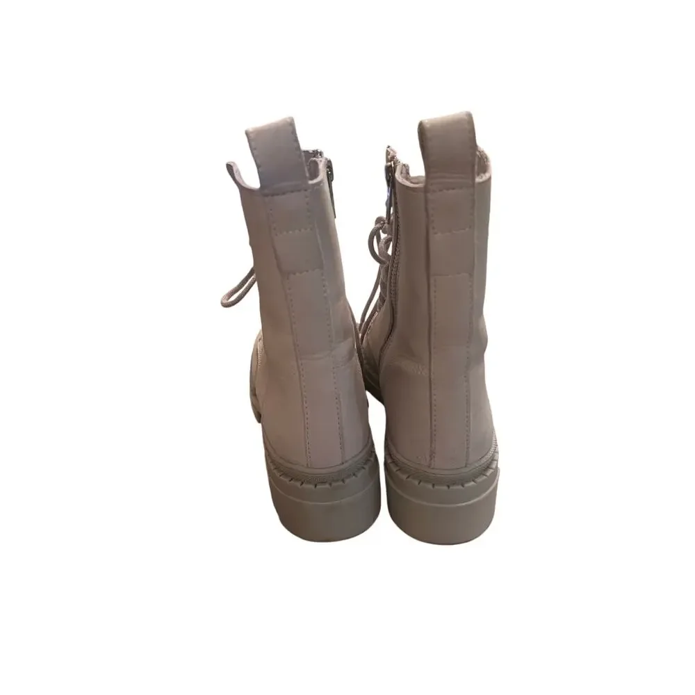 Steve Madden Woman's 7.5 Light Gray Jamisyn Leather Combat Lace Up Lug Boots